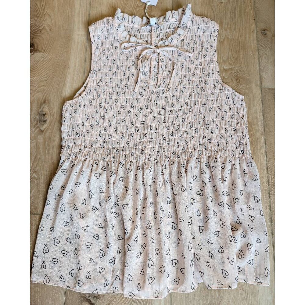 Rose & Olive Smocked Peplum Top XL Pink Hearts Gold Thread Sheer NWT Coquette - Picture 2 of 12